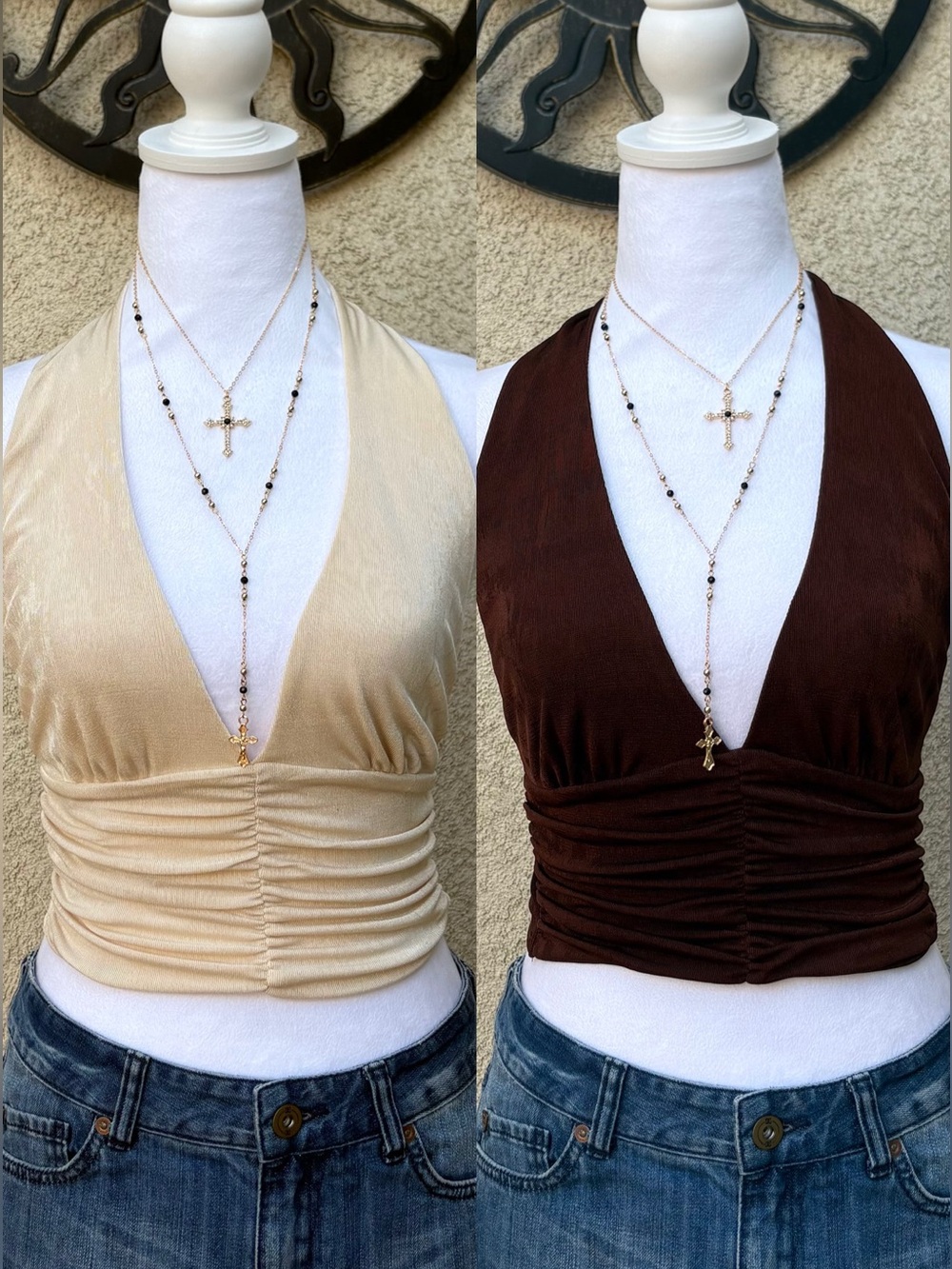 Mixed Threads Bundle 2 Ruched Halter Crop Tops Deep V Neck Brown Cream
